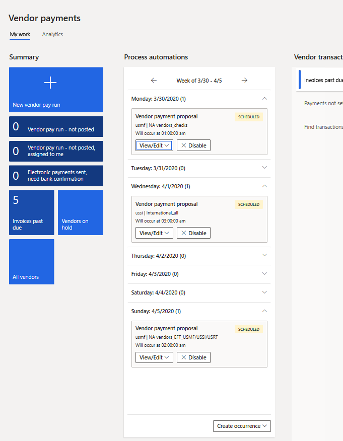 Process automation weekly view in the Vendor payments workspace.