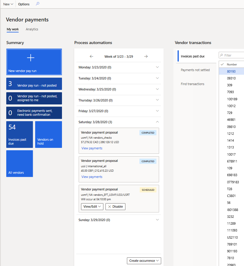 Process automation weekly view for the USMF and USSI companies.