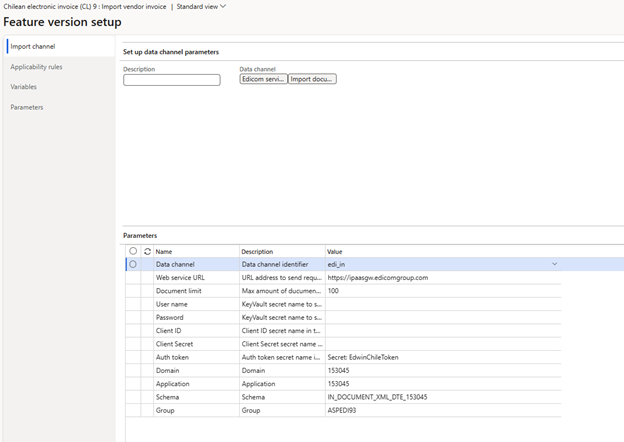 Screenshot of the configured Feature setup parameters of the Import channel for the Globalization feature for Chile.