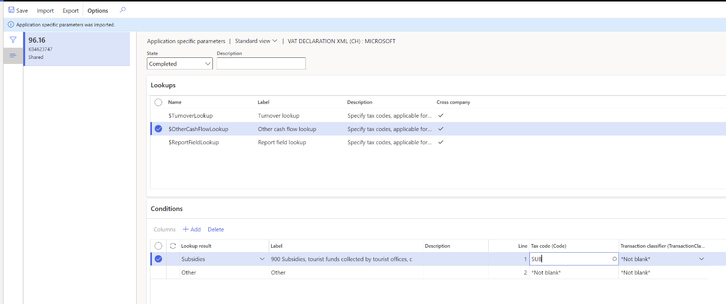 Screenshot of the Application specific parameters page for Other cash flow lookup.