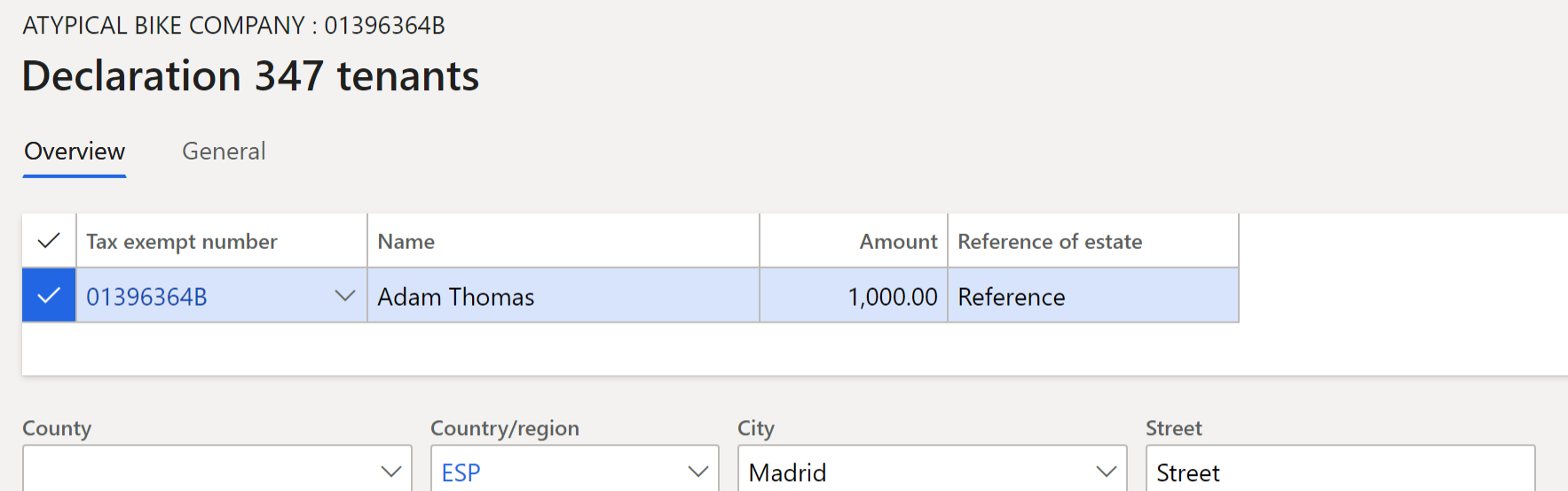 Screenshot of the Declaration 347 tenants page.