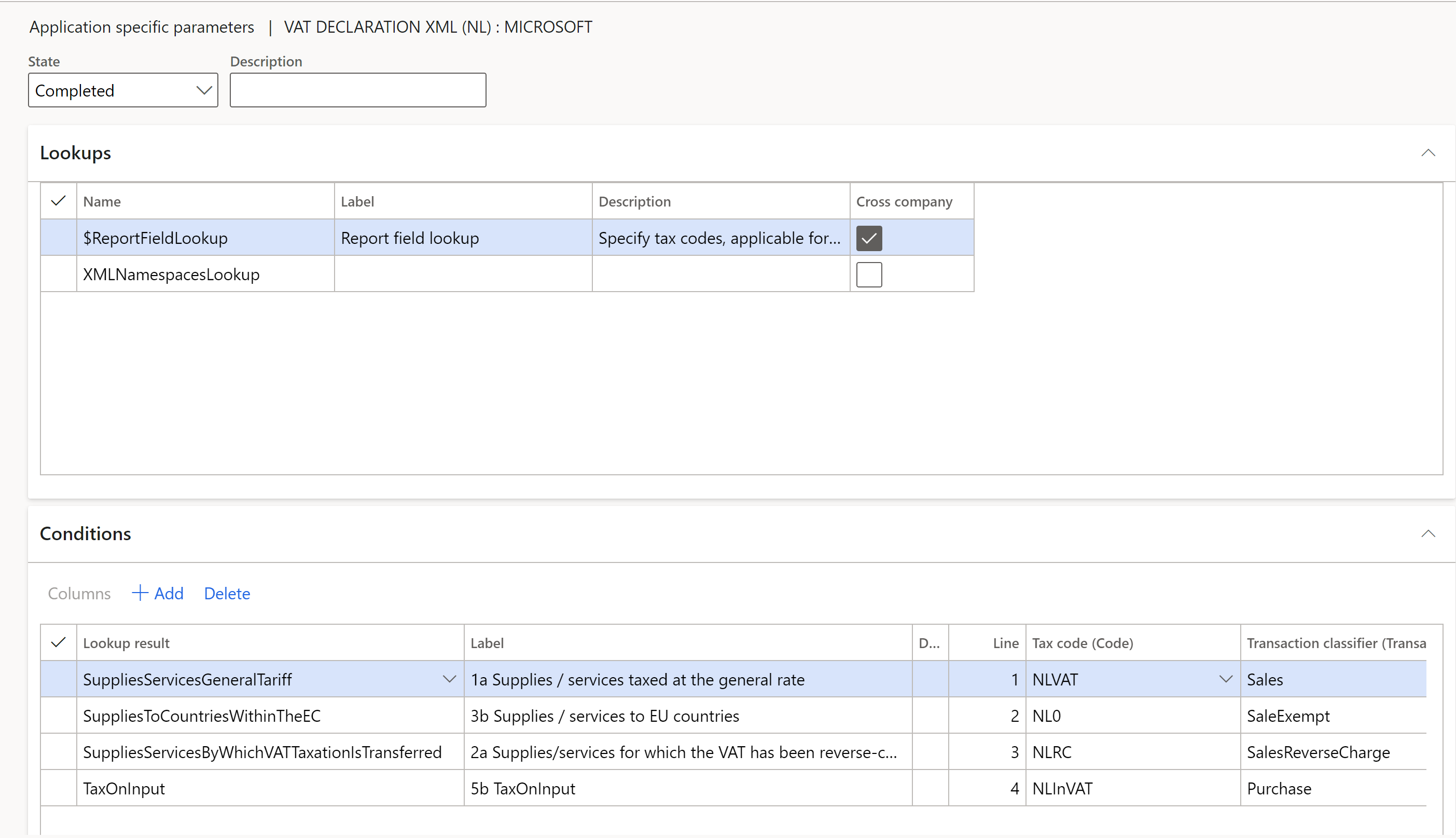 Screenshot of the Application specific parameters setup page showing lookup results and conditions for VAT declaration fields.