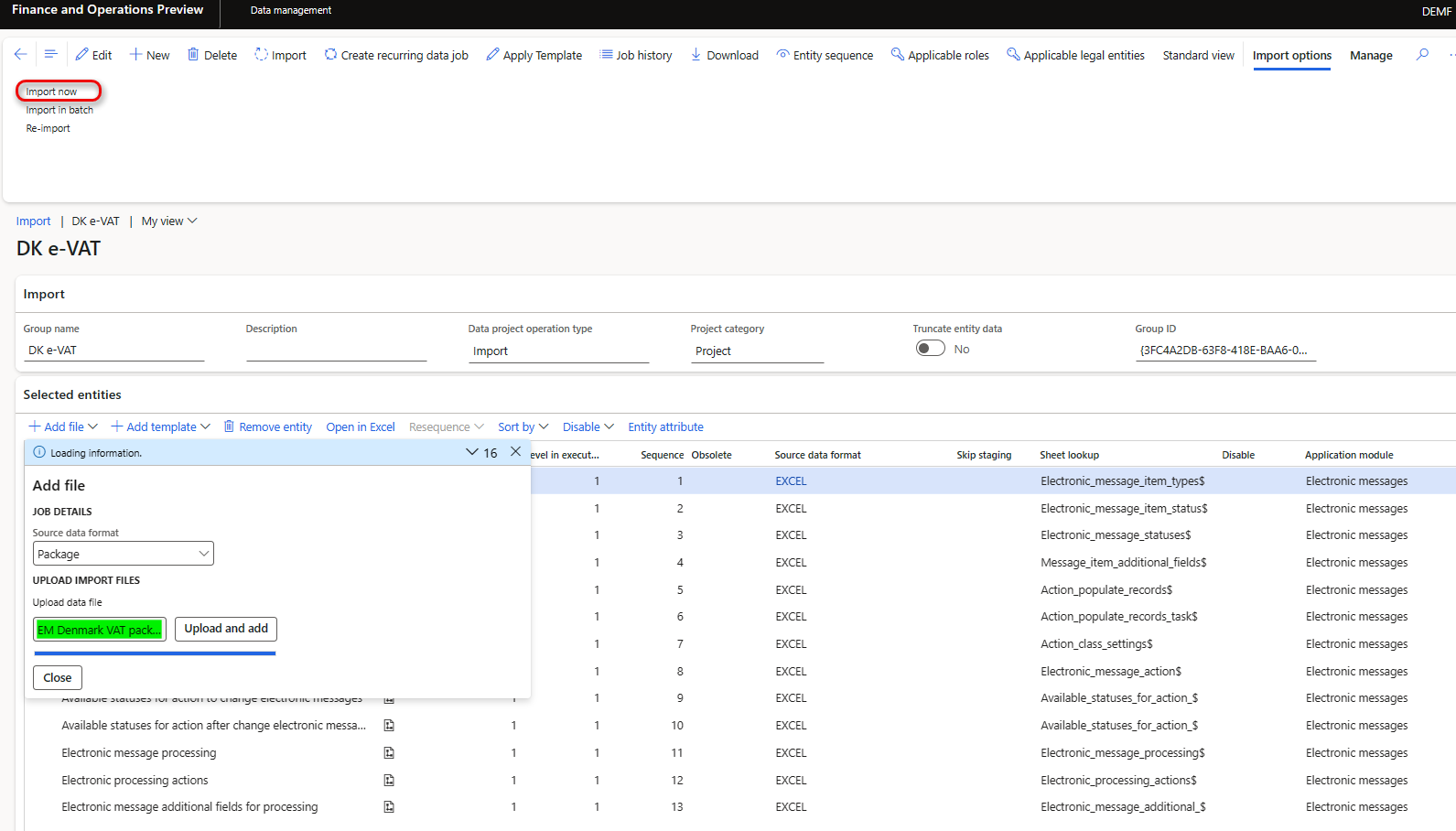 Screenshot of importing the data package that contains example settings for electronic messages.