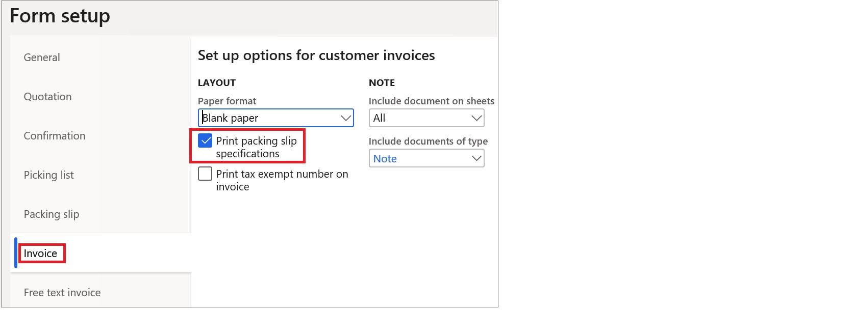 Screenshot of configuring packing slip specification.