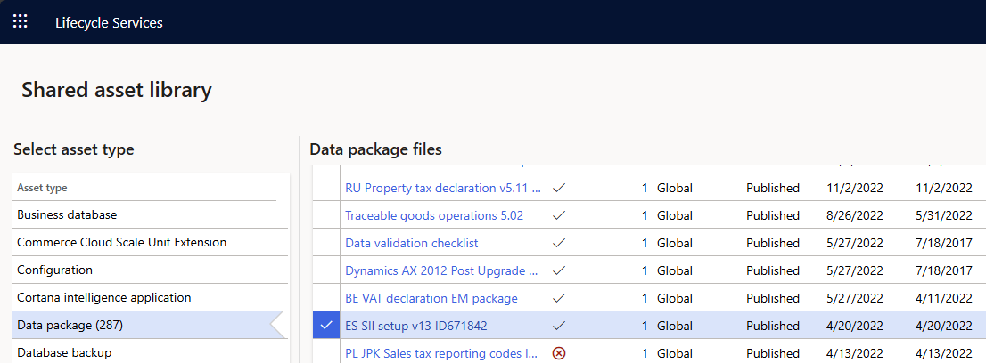 Screenshot of the LCS Shared asset library.