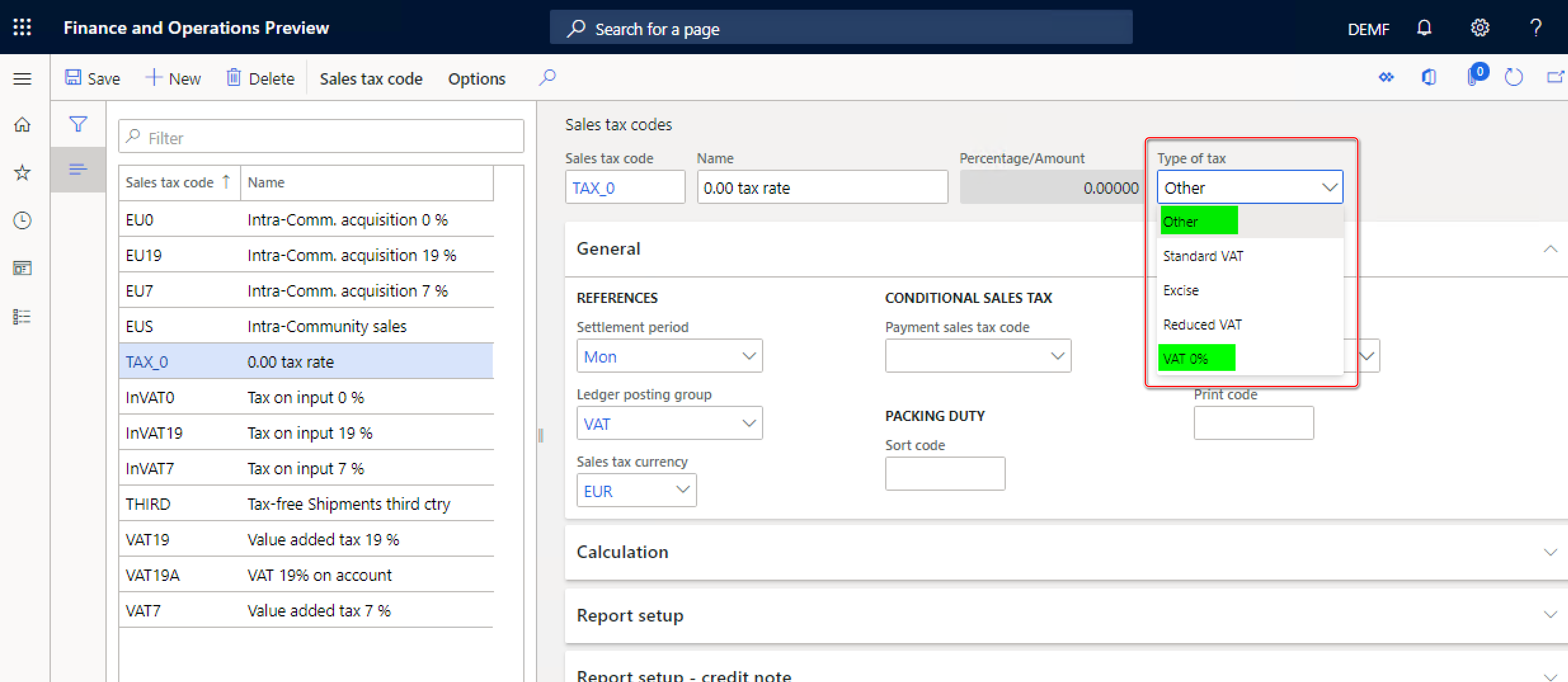 Screenshot of the Sales tax codes page.
