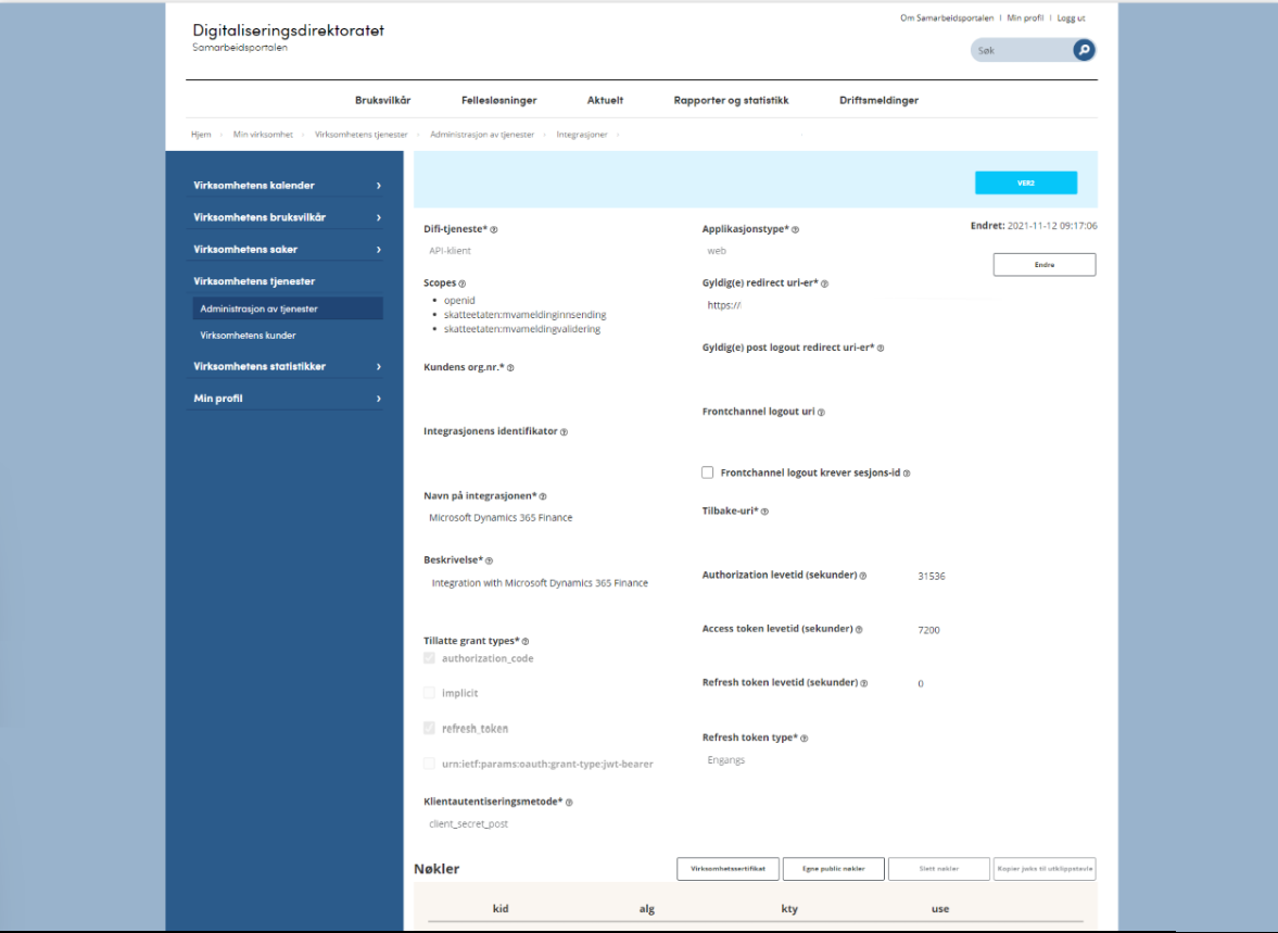 Screenshot of registering an integration point in the ID-porten web portal.
