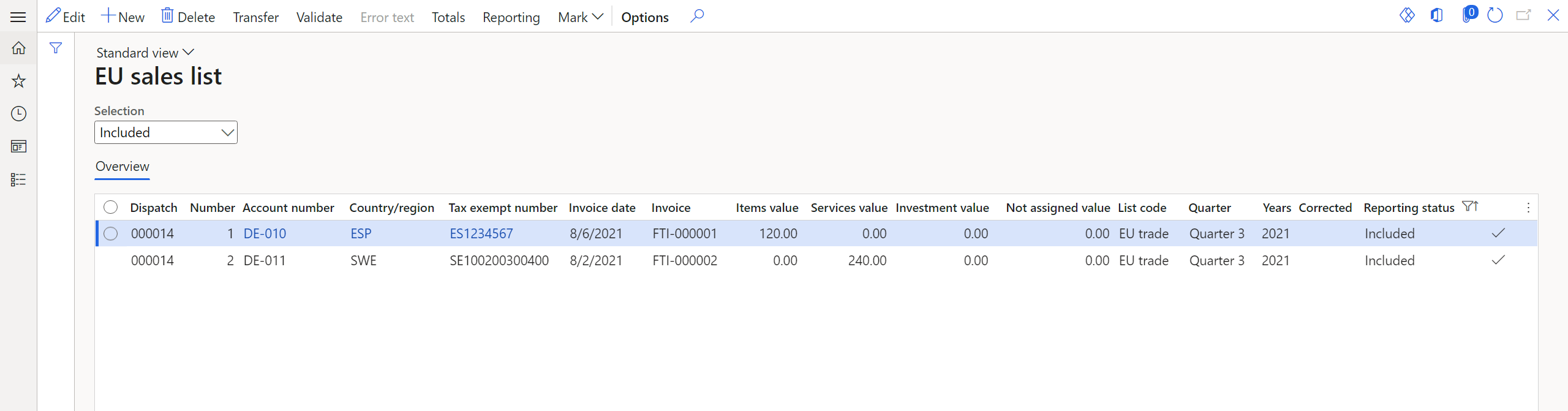 Screenshot of the EU sales list page showing transferred free text invoices.