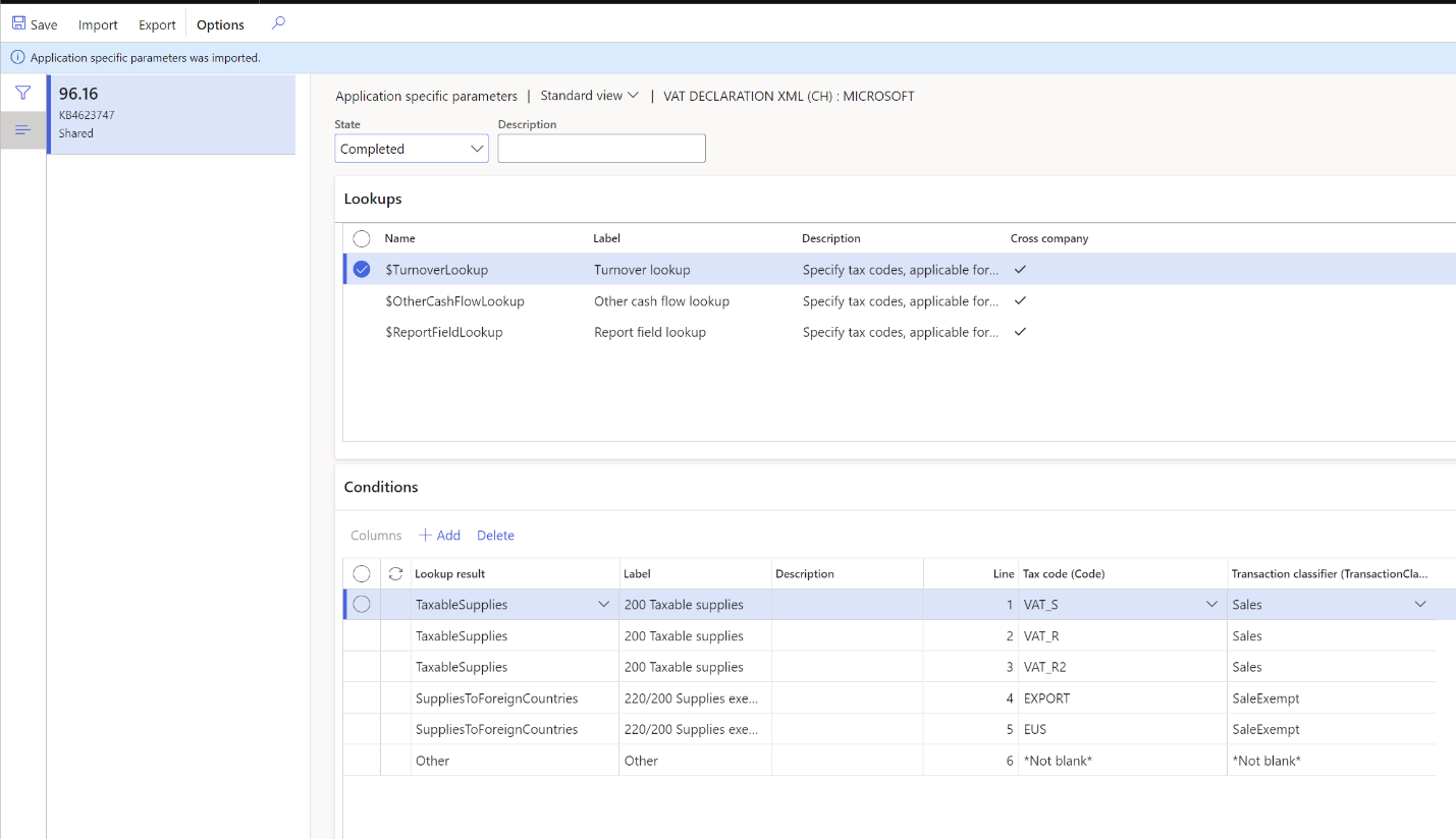 Screenshot of the Application specific parameters page for Turnover lookup.