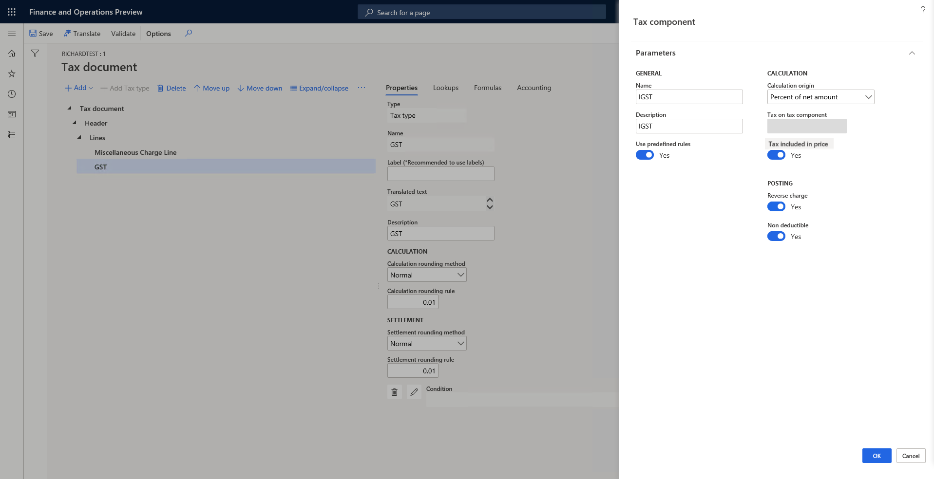 Screenshot of creating a tax component.