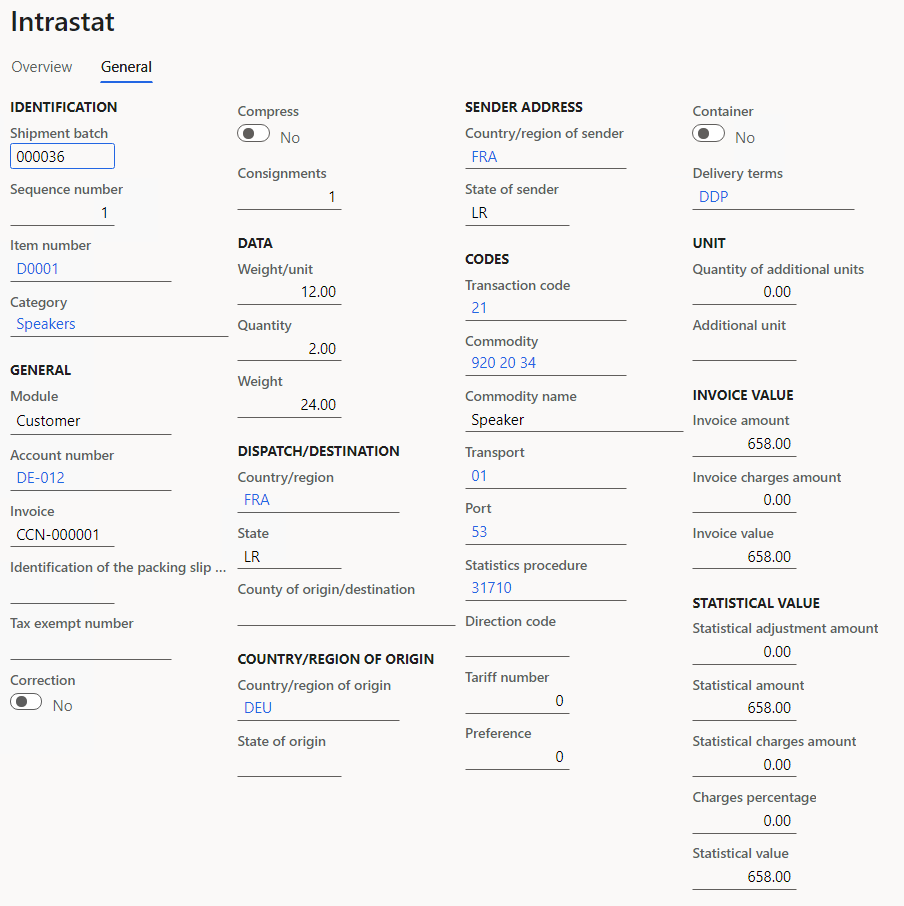 Screenshot of details of the physical return of goods on the General tab of the Intrastat page.