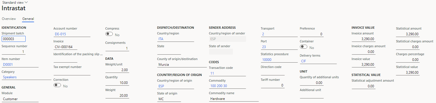Screenshot of sales order details on the General tab of the Intrastat page.