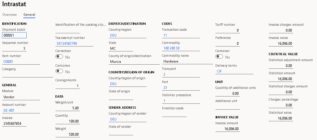 Screenshot of purchase order details on the General tab of the Intrastat page.