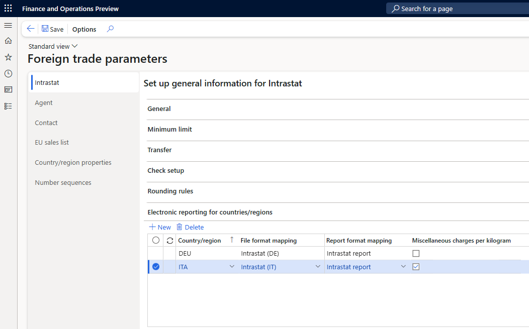 Screenshot of the Foreign trade parameters page showing electronic reporting settings.