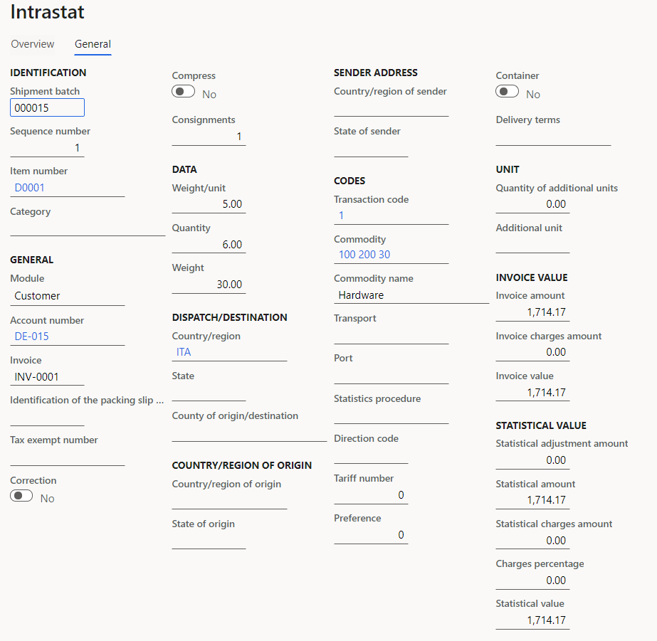 Screenshot of Intrastat journal line details for purchase order.