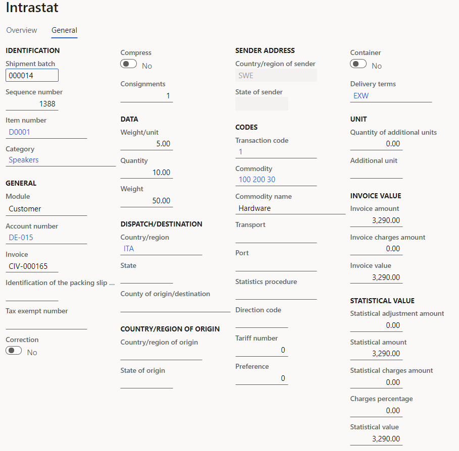 Screenshot of Intrastat journal line details for sales order.