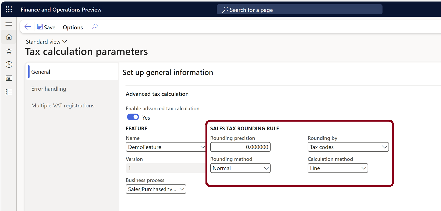 Screenshot of rounding rule configuration on the Tax calculation parameters page.