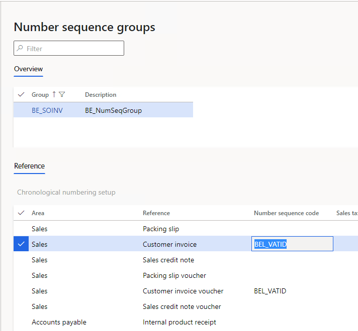 Screenshot of number sequence codes on the Number sequence groups page.