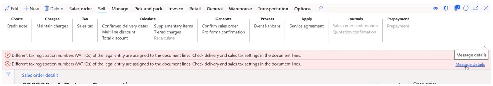 Screenshot of example error messages about different tax registration numbers on document lines.