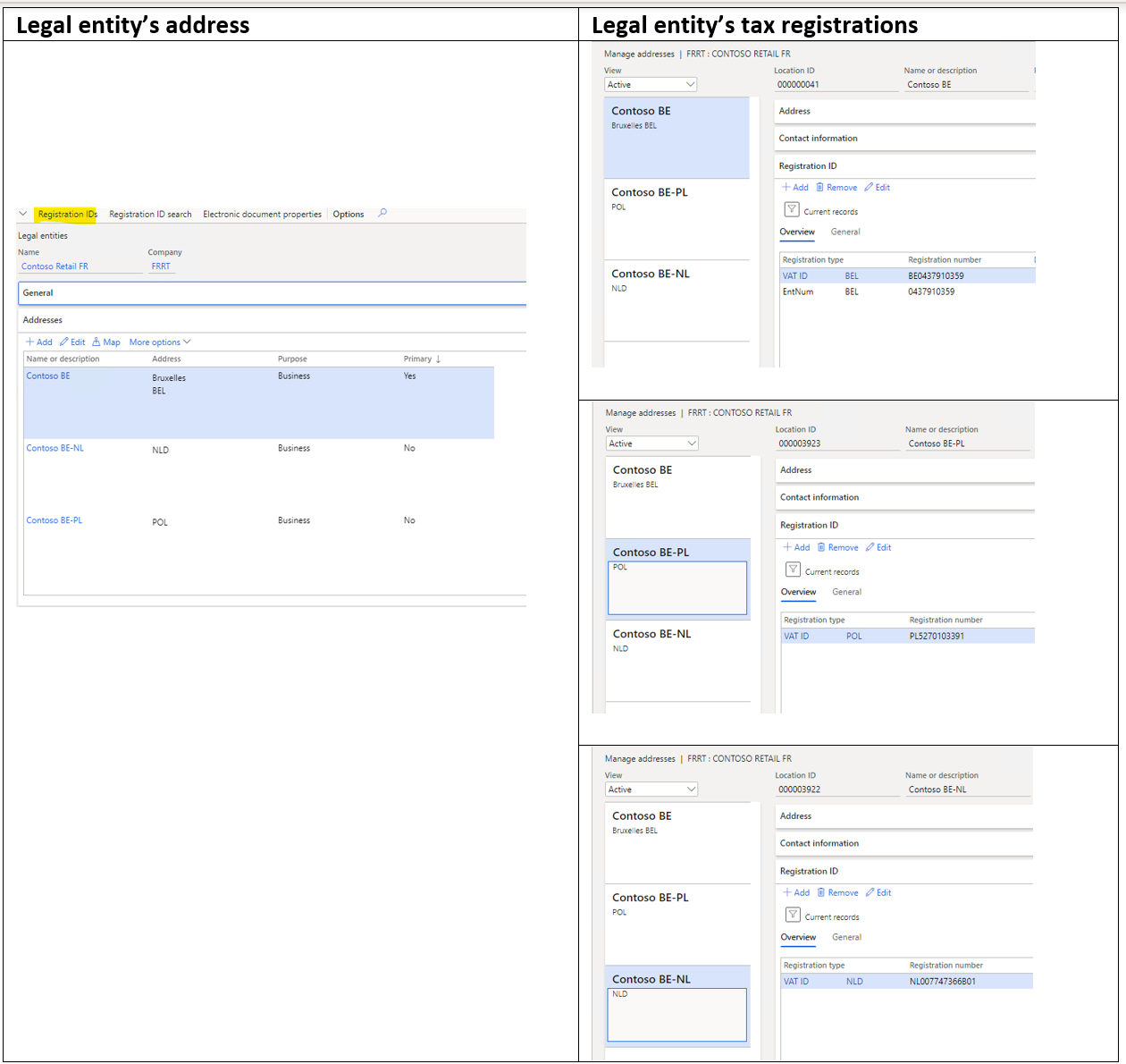 Screenshot of assigning VAT ID registration to addresses on the Legal entities page.
