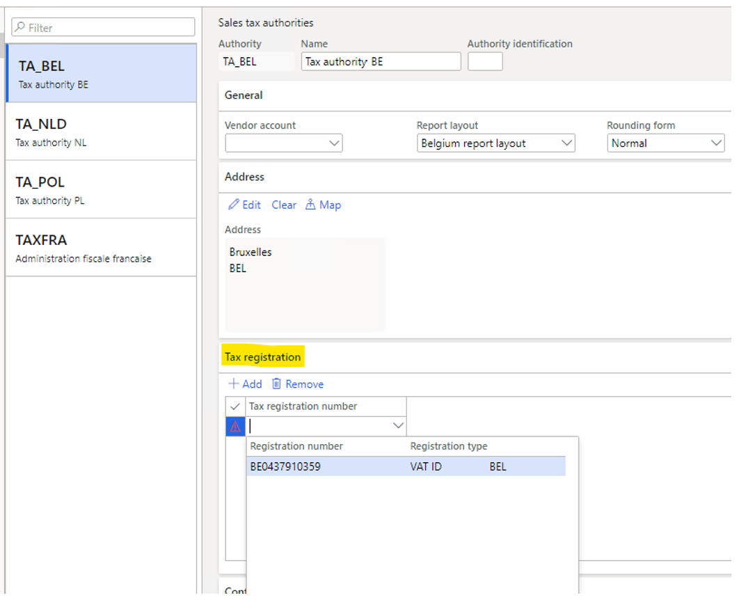 Screenshot of a VAT registration number added on the Sales tax authorities page.