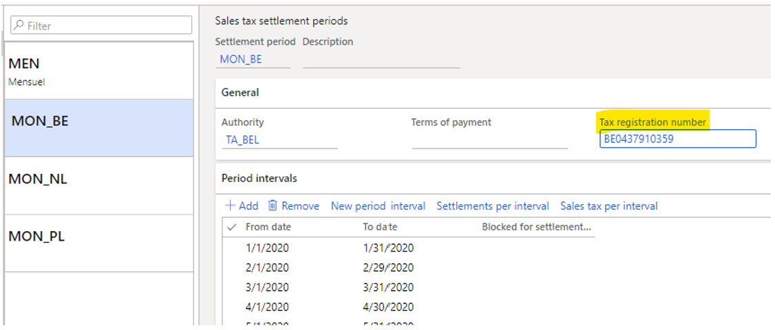 Screenshot of VAT ID assigned on the Sales tax settlement periods page.