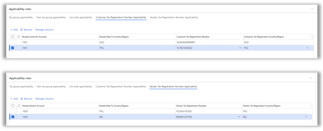 Screenshot of customer and vendor registration IDs on the Tax feature setup page.