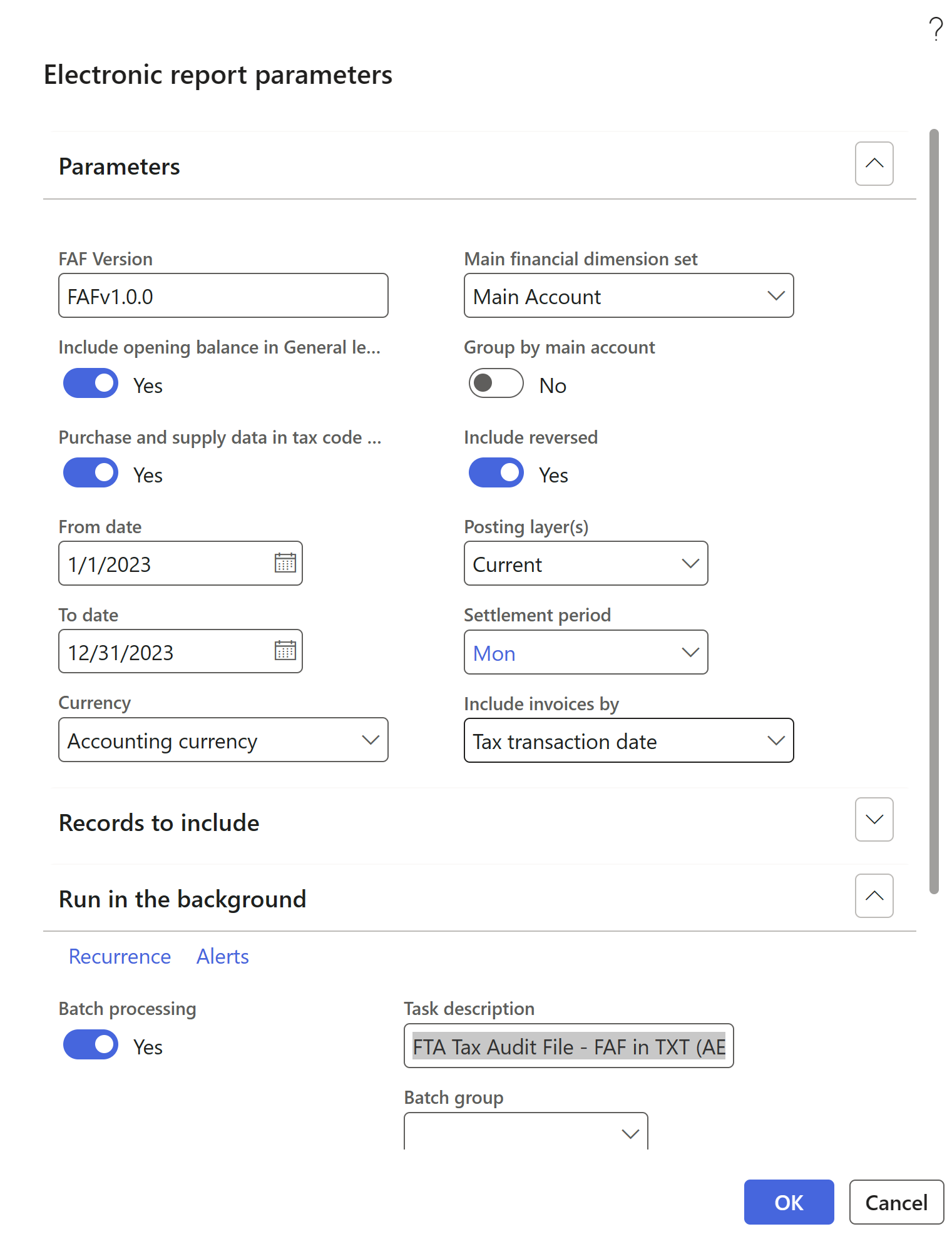 Screenshot of the Electronic report parameters dialog box for a FAF.