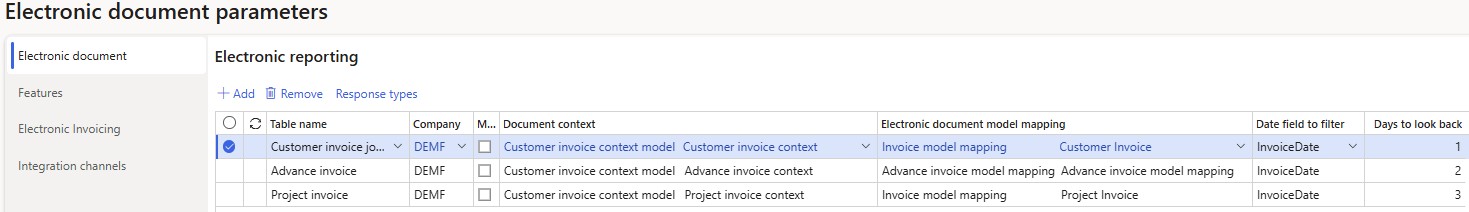 Screenshot of the setup on the Electronic document tab of the Electronic document parameters page.