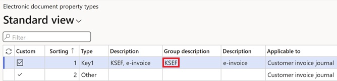 Screenshot of the Electronic document property types configuration.