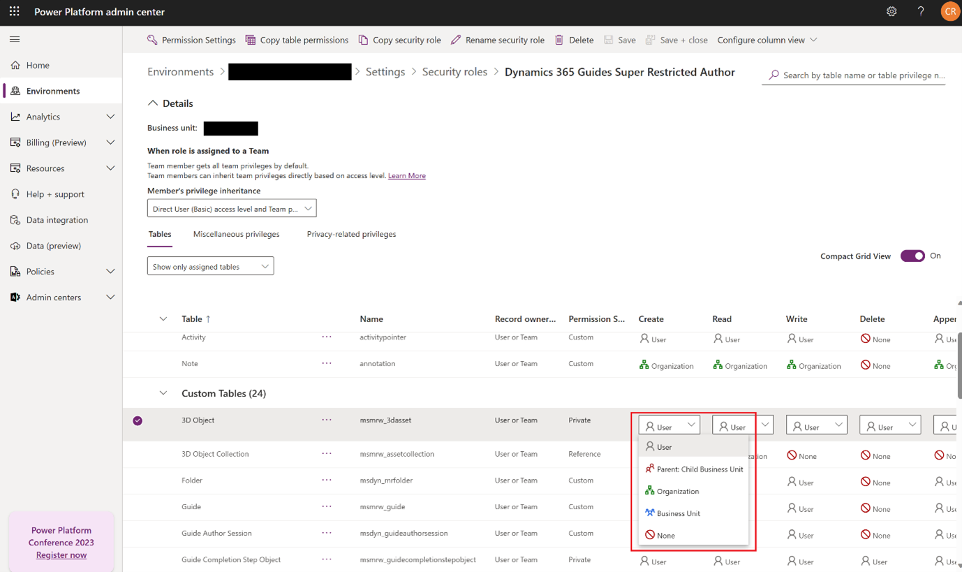 Screenshot of Power Platform admin center with Security Roles showing User permissions. Screenshot of Power Platform admin center with Security Roles showing User permissions.