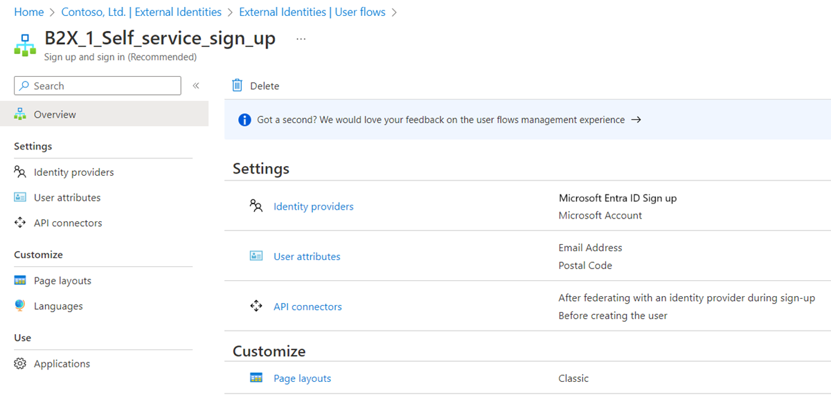 Screenshot showing the user flows page.