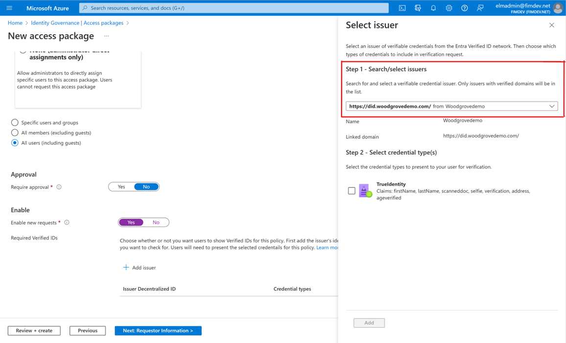 Select issuer for Microsoft Entra Verified ID.