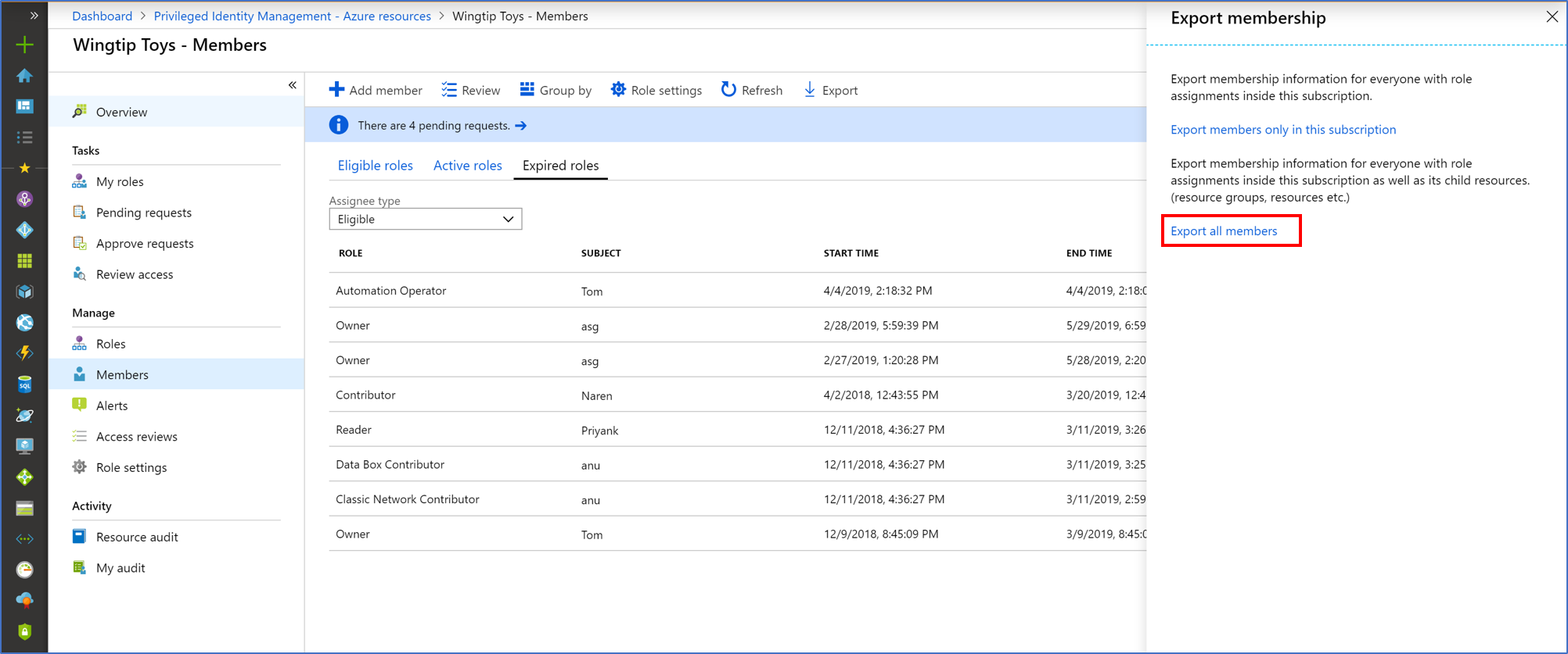 Screenshot of role activation selected and activity details.