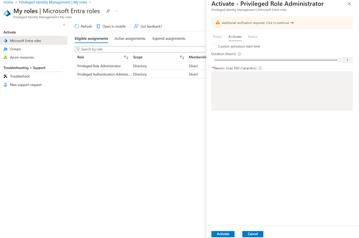 Microsoft Entra roles - activation page contains duration and scope