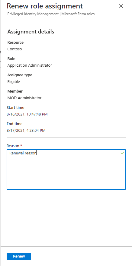 Screenshot showing Renew role assignment pane showing Reason box.