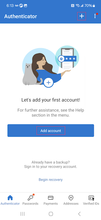 Screenshot that shows how to register by using Authenticator for Android devices.