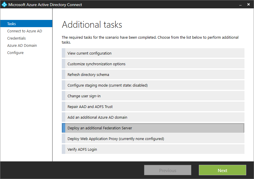 Screenshot of the "Additional tasks" pane for deploying an additional federation server.