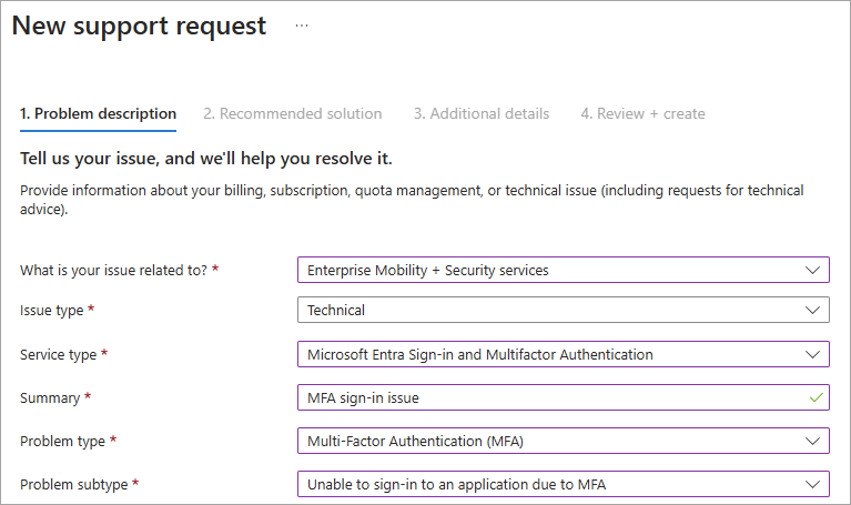 Screenshot of the support request fields that start the sign-in diagnostics.