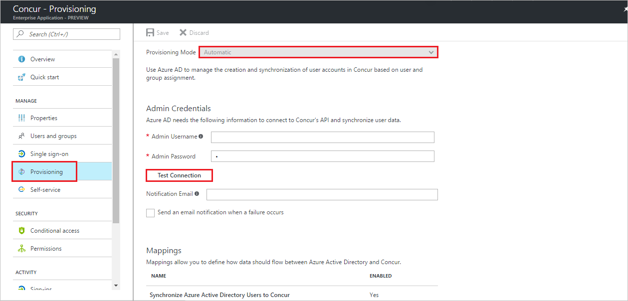 Screenshot of the Provisioning tab for Concur in Azure portal. Provisioning Mode is set to Automatic and the Test Connection button is highlighted.