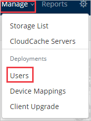 Screenshot of the Druva admin console. Manage is highlighted, and the Manage menu is visible. In that menu, under Deployments, Users is highlighted.