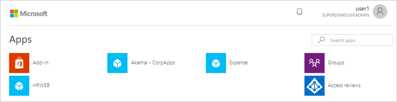 Screenshot showing part of an Apps window with icons for Add-in, HRWEB, Akamai - CorpApps, Expense, Groups, and Access reviews.