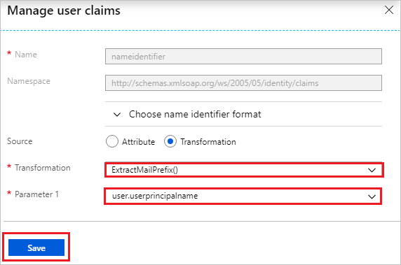 Screenshot shows the Manage user claims dialog box where you can enter the values described.