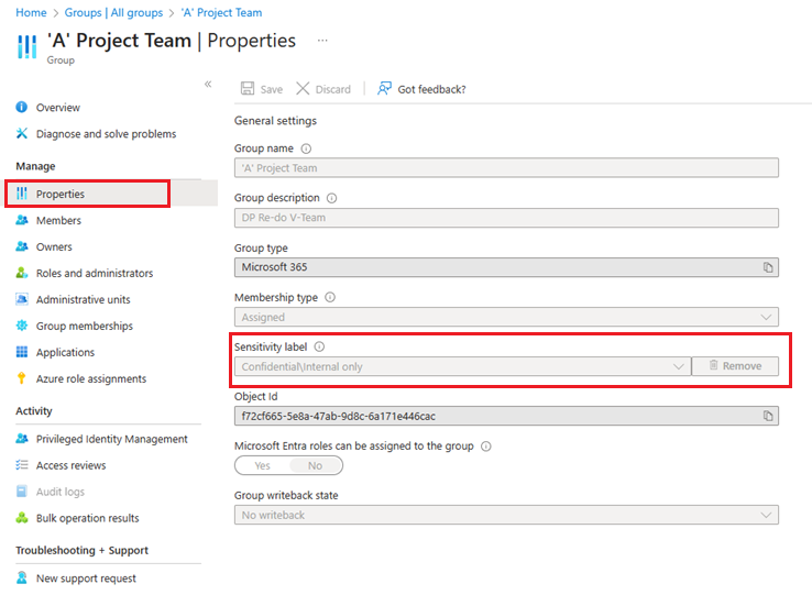 Screenshot that shows assigning a sensitivity label on the overview page for a group.