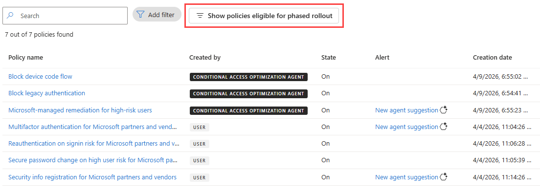 Screenshot of policy list with a phased rollout type highlighted.