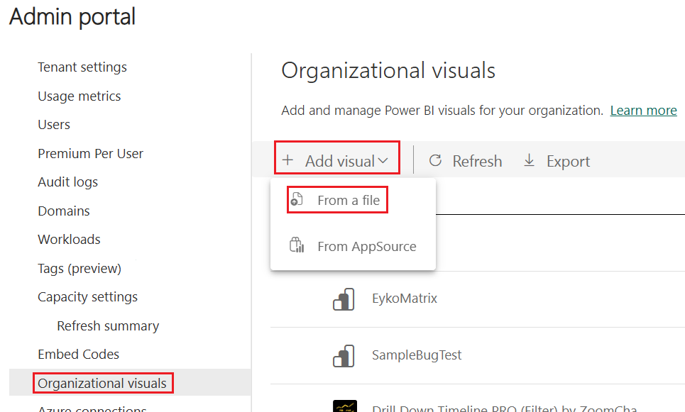 Screenshot showing the organizational visuals menu in the Power BI admin settings. The add visual option is expanded, and the 'from a file' option is selected.