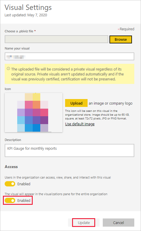 Screenshot showing the Enable for Visualization Pane button.