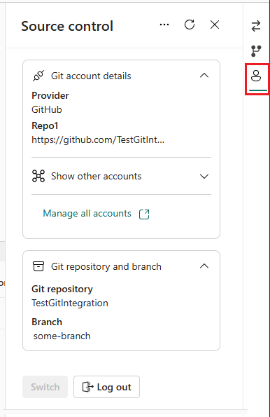 Screenshot of accounts tab in Source control panel showing the Git details and repository and branch names.