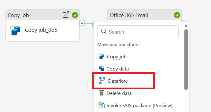 Screenshot showing the selection of Dataflow from the insert activity menu on the pipeline canvas.