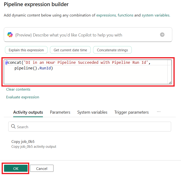 Screenshot showing the pipeline expression builder with the expression provided for the Subject line of the email.